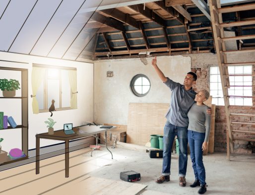 Couple, new house and renovation with interior design illustration talking, planning future and dre