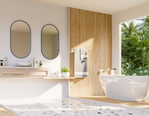 Modern Bathroom interior design on white wall.